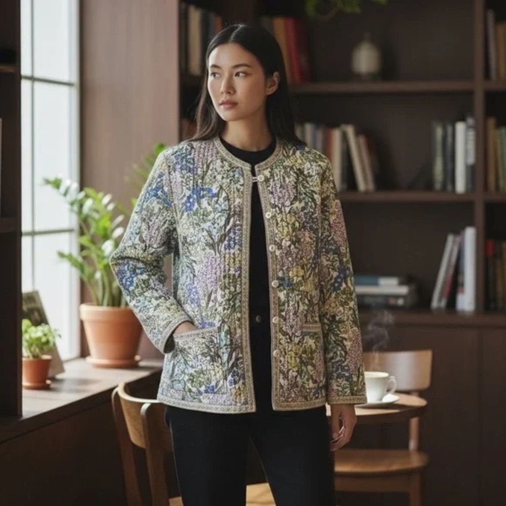 Cottagecore Floral Quilted Reversible Jacket Coat Large Green Pink Yellow Purple